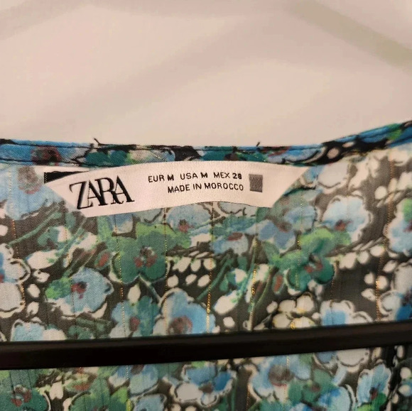 Zara Size M Blue Floral Mini Dress Deep V Neck Long Sleeve #M615 - Picture 2 of 5